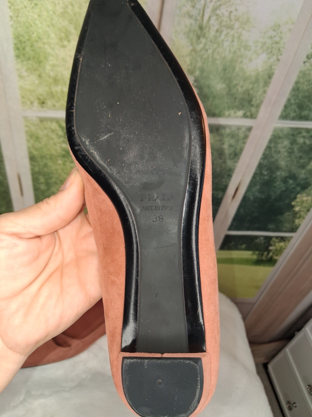 Vintage Prada Cipria Pink Suede Pointed Toe Flats Size 38 Mary Jane Button - Picture 3 of 7